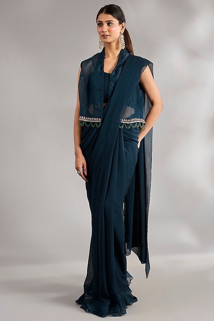 Navy Georgette Embroidered Jacket Ruffled Wedding Saree Set by Ridhi Mehra at Pernia's Pop Up Shop