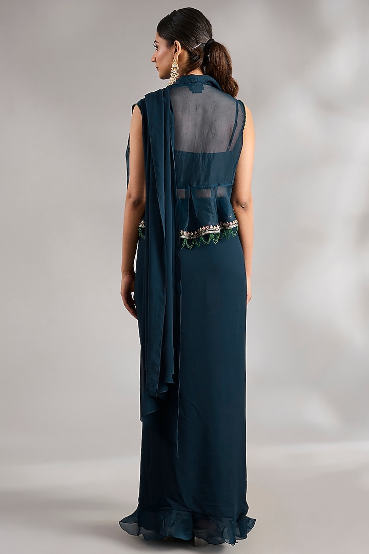 Navy Georgette Embroidered Jacket Ruffled Wedding Saree Set by Ridhi Mehra at Pernia's Pop Up Shop