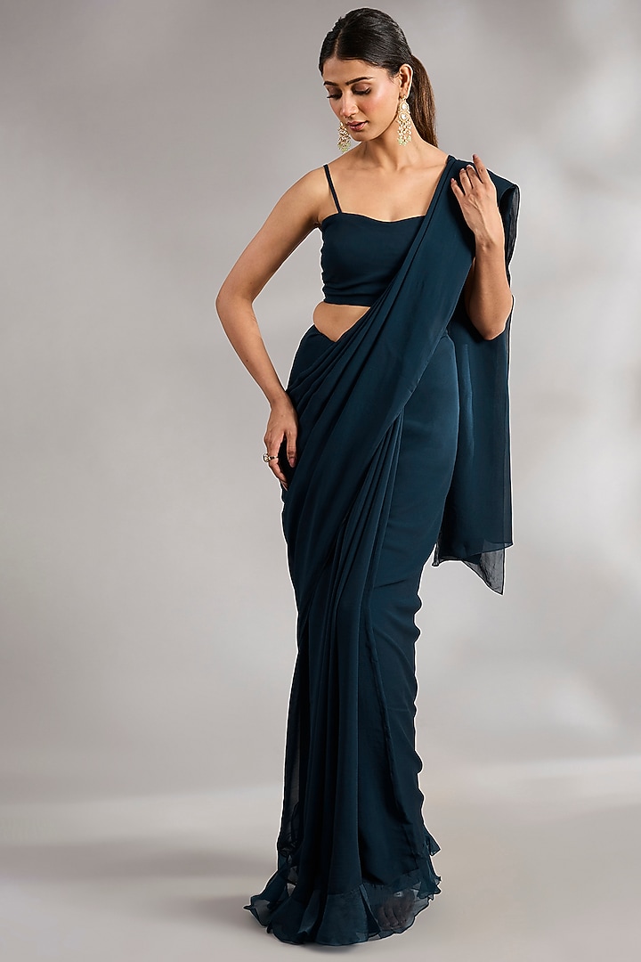 Navy Georgette Embroidered Jacket Ruffled Wedding Saree Set by Ridhi Mehra at Pernia's Pop Up Shop