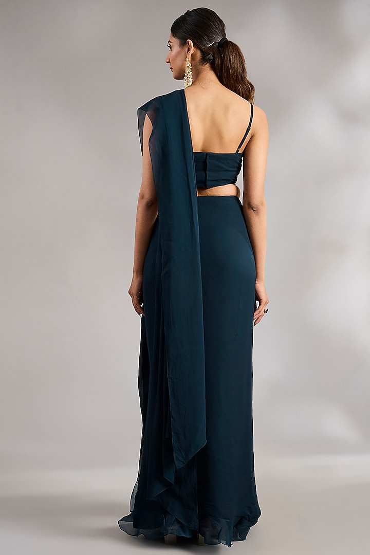 Navy Georgette Embroidered Jacket Ruffled Wedding Saree Set by Ridhi Mehra at Pernia's Pop Up Shop