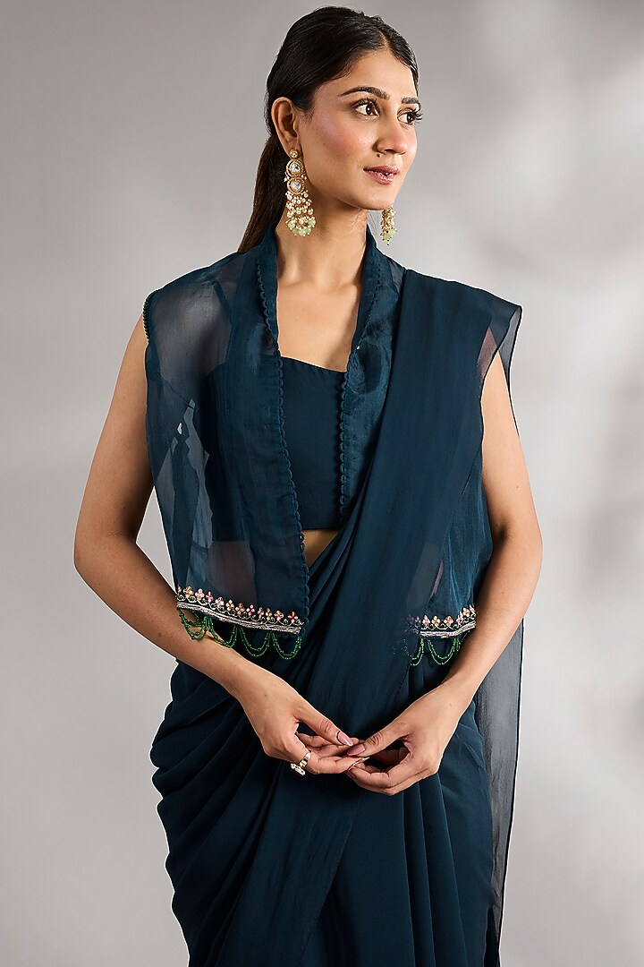 Navy Georgette Embroidered Jacket Ruffled Wedding Saree Set by Ridhi Mehra at Pernia's Pop Up Shop