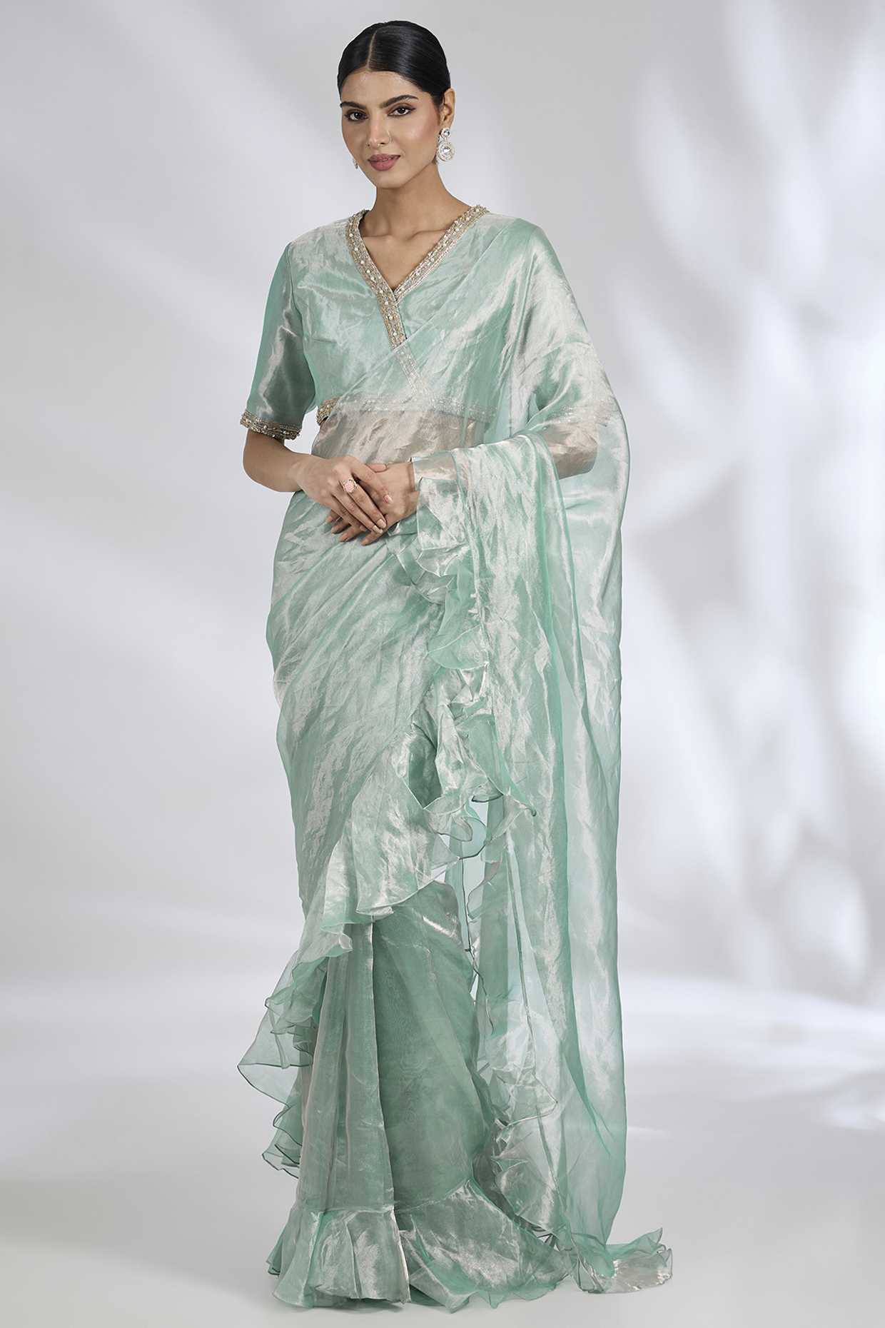 Sage Green Tissue Ruffled Wedding Saree Set by Ridhi Mehra at Pernia's Pop Up Shop