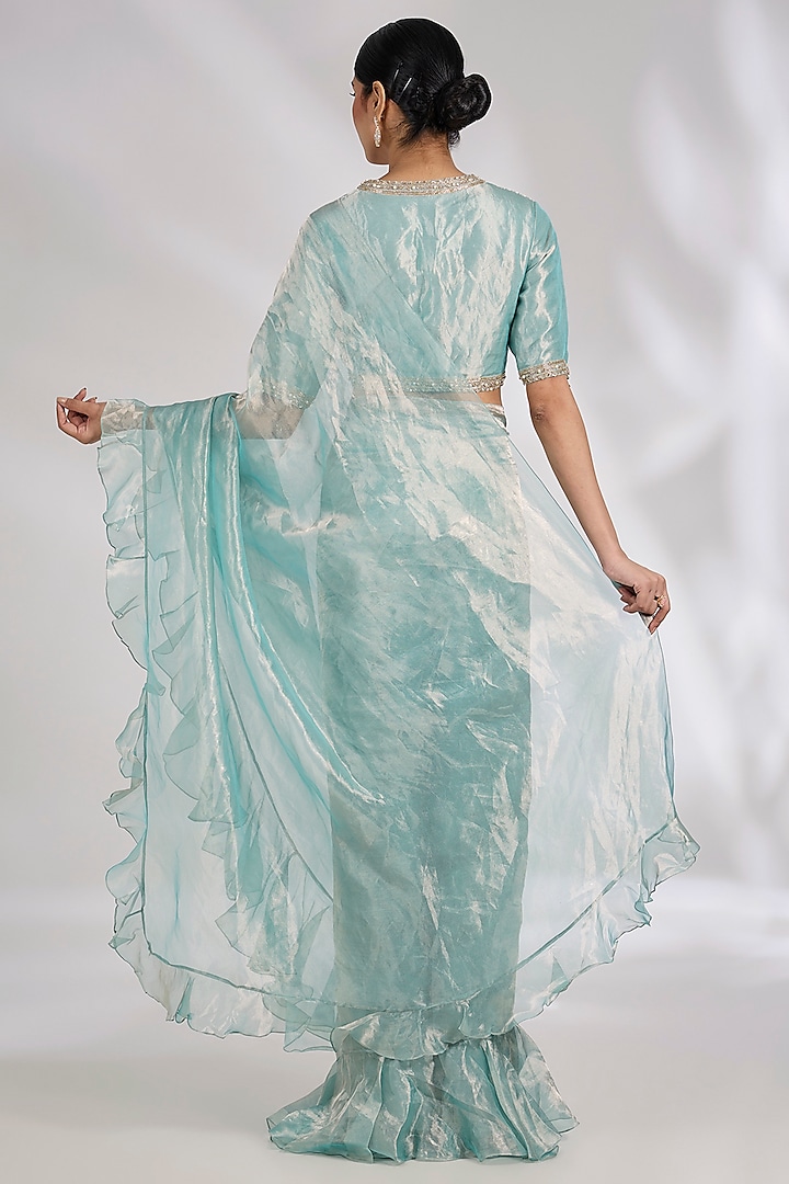 Sage Green Tissue Ruffled Wedding Saree Set by Ridhi Mehra at Pernia's Pop Up Shop