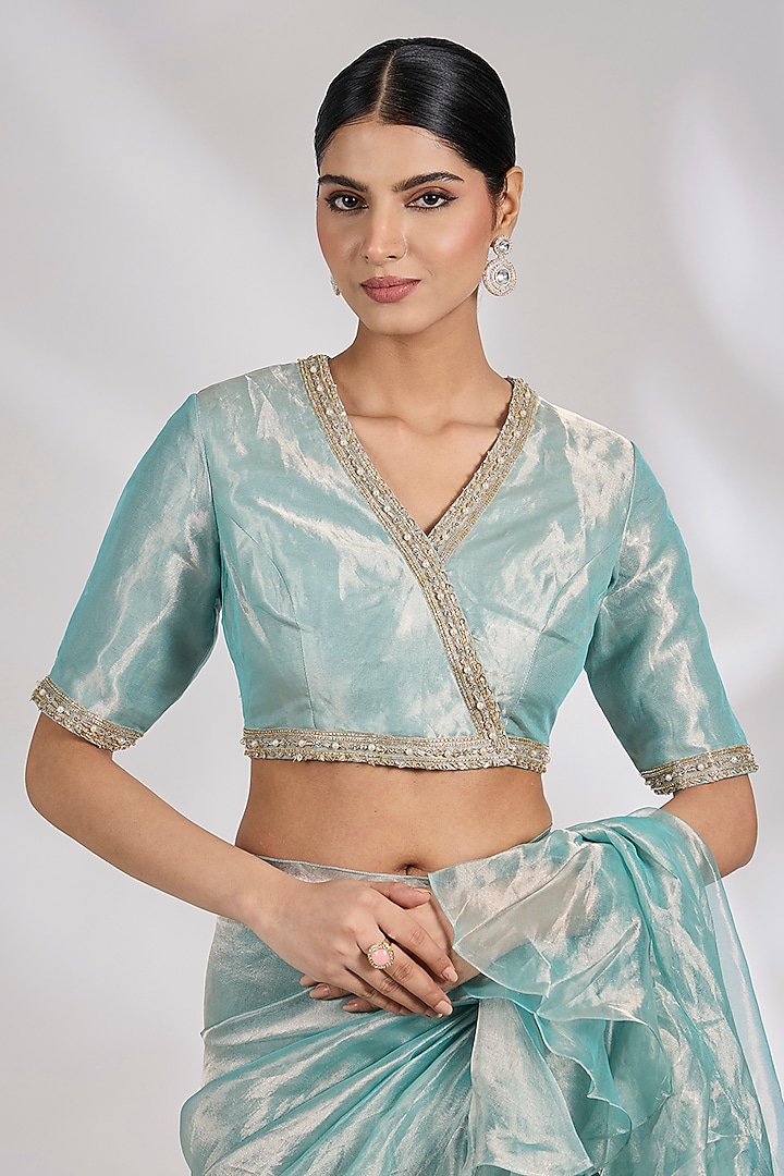 Sage Green Tissue Ruffled Wedding Saree Set by Ridhi Mehra at Pernia's Pop Up Shop