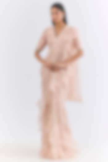 Rose Gold Tissue Ruffled Wedding Saree Set by Ridhi Mehra at Pernia's Pop Up Shop