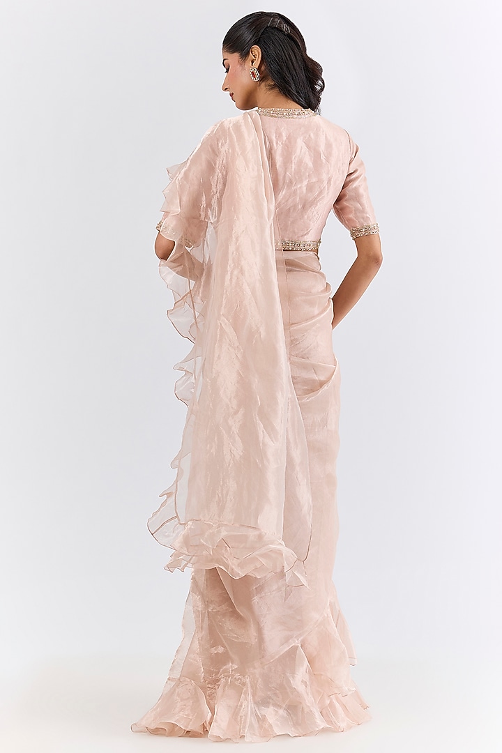 Rose Gold Tissue Ruffled Wedding Saree Set by Ridhi Mehra at Pernia's Pop Up Shop