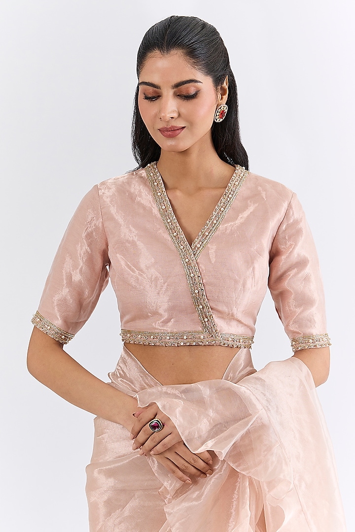 Rose Gold Tissue Ruffled Wedding Saree Set by Ridhi Mehra at Pernia's Pop Up Shop