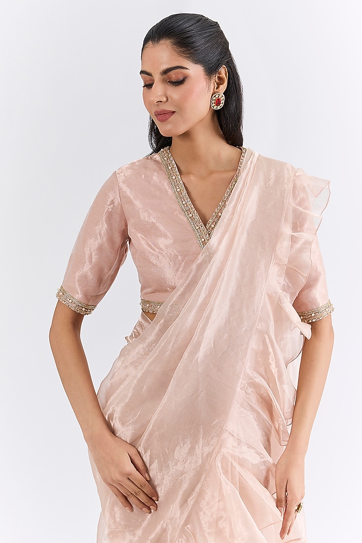 Rose Gold Tissue Ruffled Wedding Saree Set by Ridhi Mehra at Pernia's Pop Up Shop