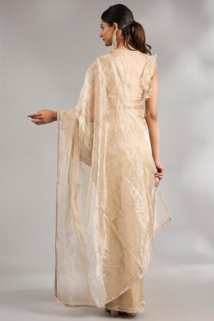 Gunmetal Gold Tissue & Crepe Reception Saree Set by Ridhi Mehra at Pernia's Pop Up Shop