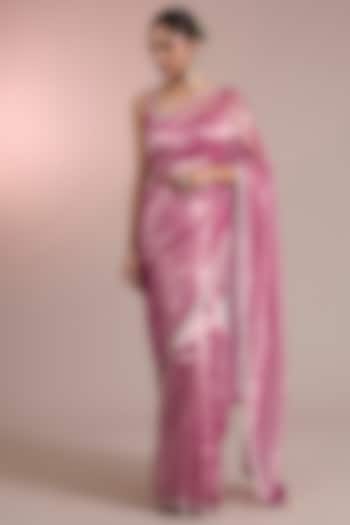 Fuchsia Gold Tissue Embroidered Wedding Saree Set by Ridhi Mehra at Pernia's Pop Up Shop