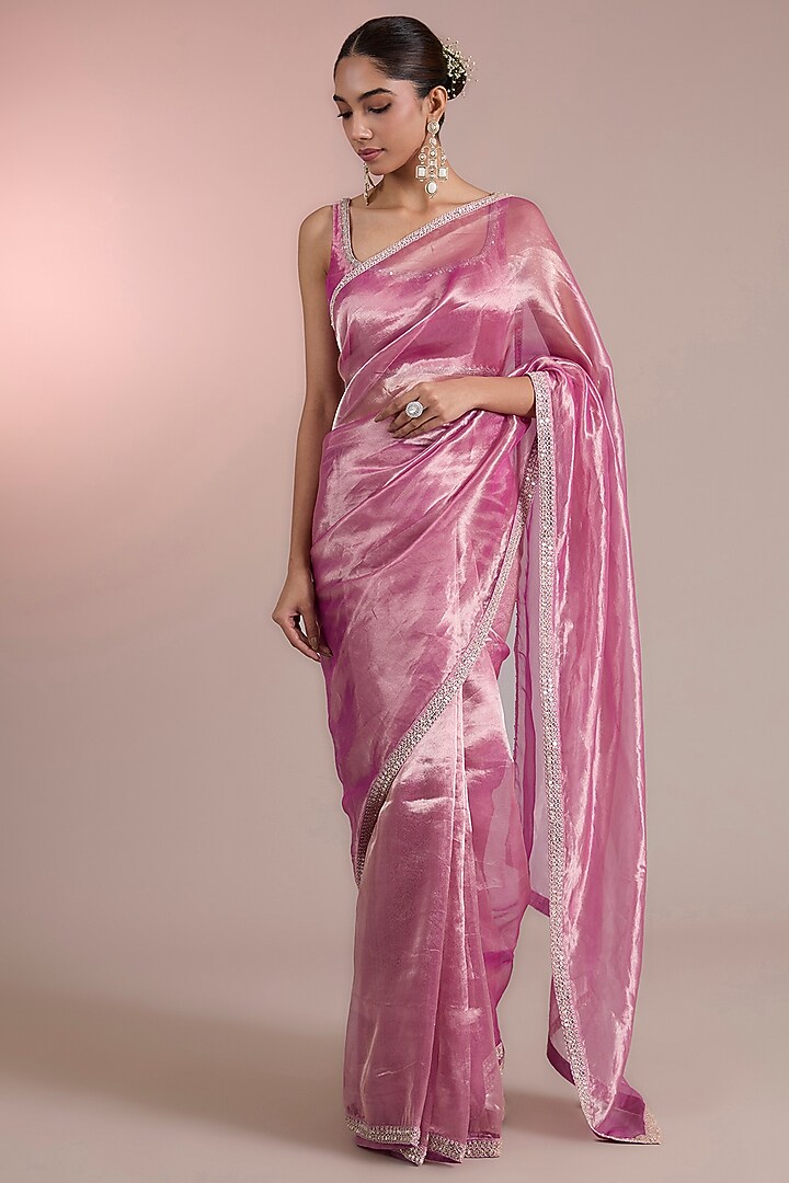 Fuchsia Gold Tissue Embroidered Wedding Saree Set by Ridhi Mehra at Pernia's Pop Up Shop