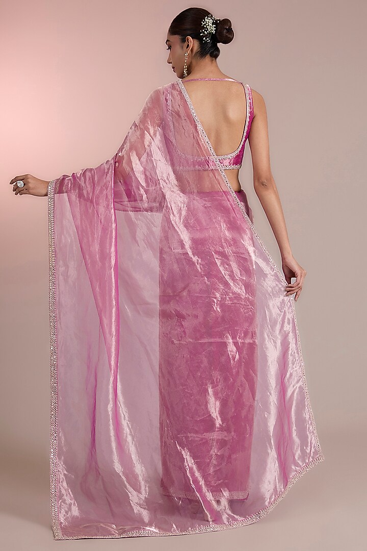 Fuchsia Gold Tissue Embroidered Wedding Saree Set by Ridhi Mehra at Pernia's Pop Up Shop