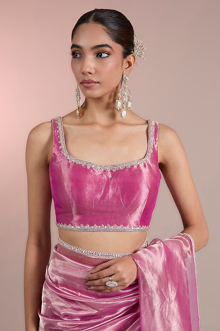 Fuchsia Gold Tissue Embroidered Wedding Saree Set by Ridhi Mehra at Pernia's Pop Up Shop