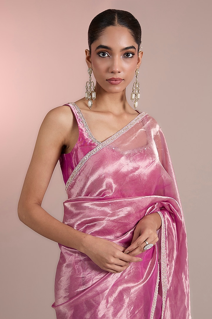 Fuchsia Gold Tissue Embroidered Wedding Saree Set by Ridhi Mehra at Pernia's Pop Up Shop