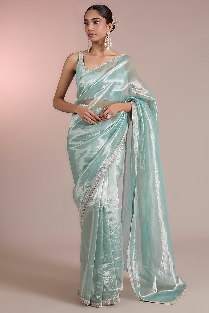 Sage Green Gold Tissue Embroidered Wedding Saree Set by Ridhi Mehra at Pernia's Pop Up Shop