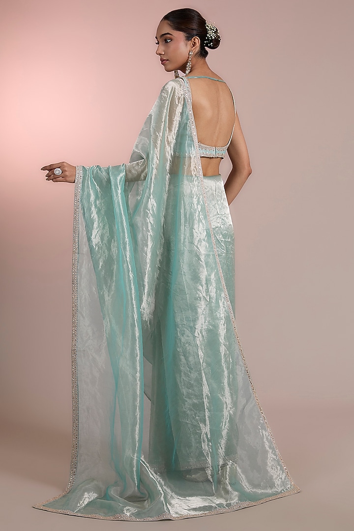 Sage Green Gold Tissue Embroidered Wedding Saree Set by Ridhi Mehra at Pernia's Pop Up Shop