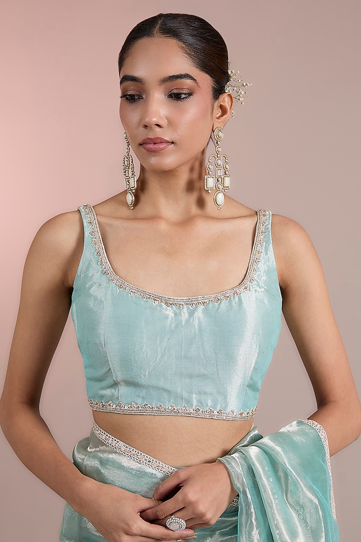 Sage Green Gold Tissue Embroidered Wedding Saree Set by Ridhi Mehra at Pernia's Pop Up Shop