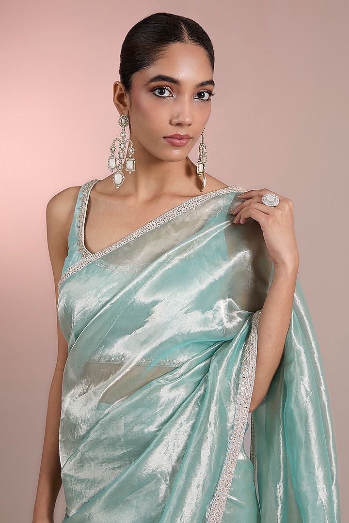 Sage Green Gold Tissue Embroidered Wedding Saree Set by Ridhi Mehra at Pernia's Pop Up Shop
