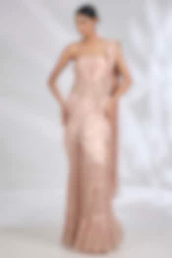 Rose Gold Tissue Embroidered Reception Gown Saree by Ridhi Mehra at Pernia's Pop Up Shop