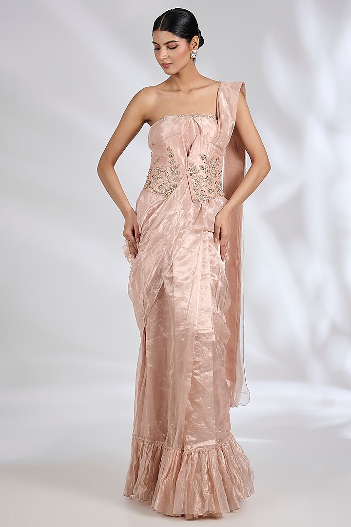 Rose Gold Tissue Embroidered Reception Gown Saree by Ridhi Mehra at Pernia's Pop Up Shop