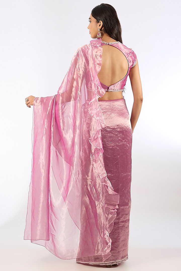 Fuchsia & Gold Tissue Wedding Saree Set by Ridhi Mehra at Pernia's Pop Up Shop