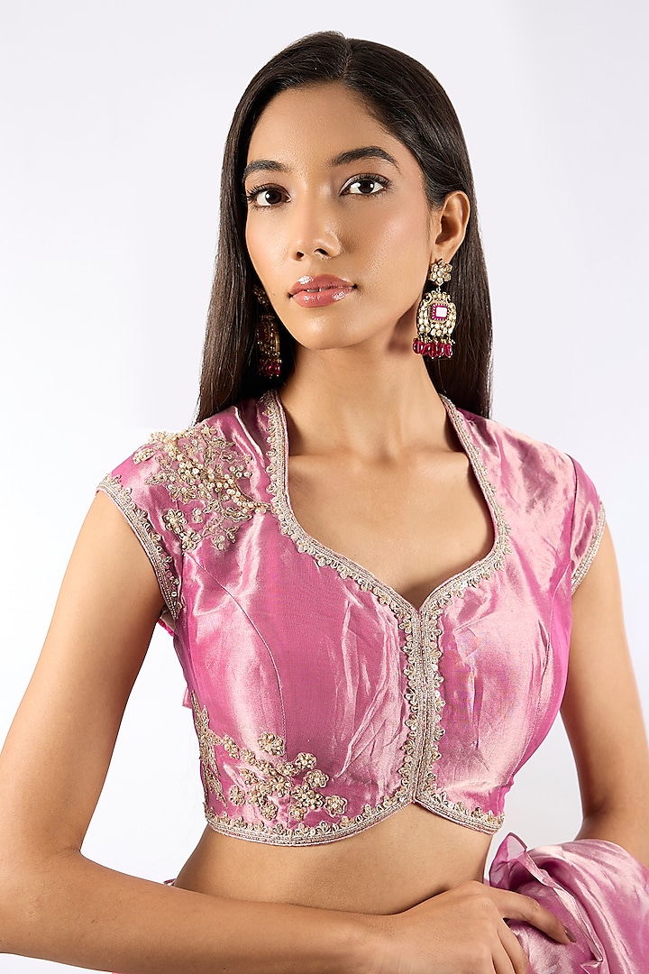 Fuchsia & Gold Tissue Wedding Saree Set by Ridhi Mehra at Pernia's Pop Up Shop