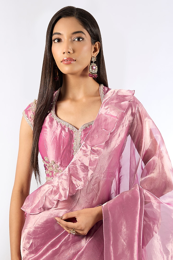 Fuchsia & Gold Tissue Wedding Saree Set by Ridhi Mehra at Pernia's Pop Up Shop