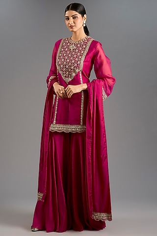 Fuchsia Pink Fine Silk Gharara Set by Ridhi Mehra