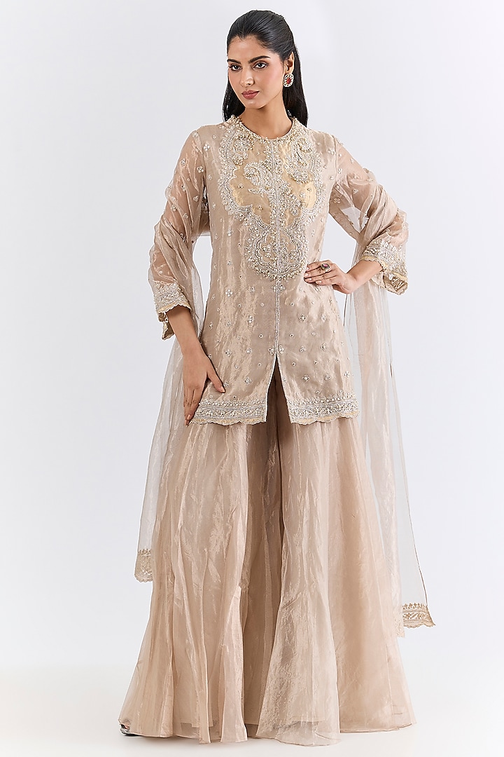 Water Gold Tissue Bridal Sharara Set by Ridhi Mehra at Pernia's Pop Up Shop