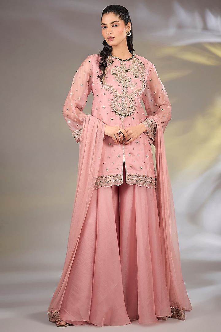 Onion Pink Organza Bridal Sharara Set by Ridhi Mehra at Pernia's Pop Up Shop