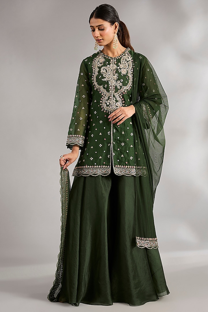 Military Green Organza Bridal Sharara Set by Ridhi Mehra at Pernia's Pop Up Shop