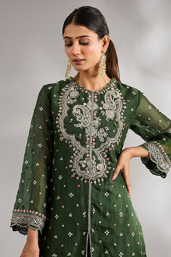 Military Green Organza Bridal Sharara Set by Ridhi Mehra at Pernia's Pop Up Shop