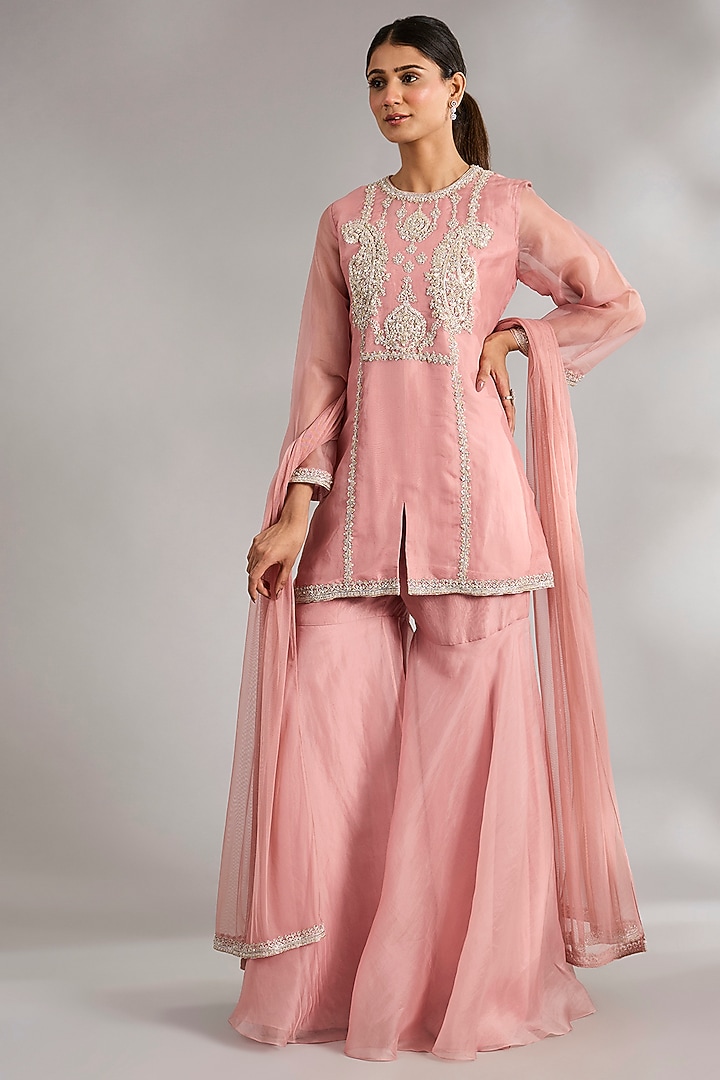 Onion Pink Organza Gharara Set by Ridhi Mehra at Pernia's Pop Up Shop