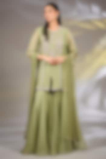 Olive Green Organza Bridal Sharara Set by Ridhi Mehra at Pernia's Pop Up Shop