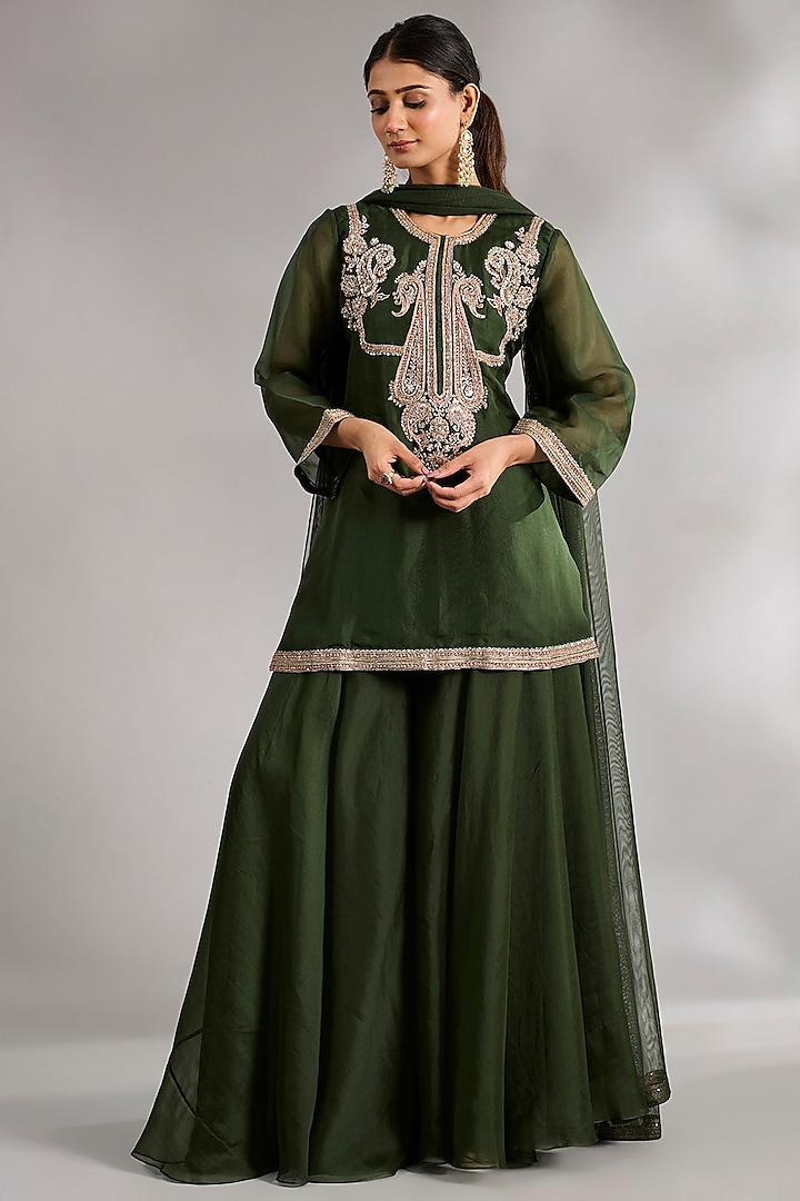 Military Green Organza Bridal Sharara Set by Ridhi Mehra at Pernia's Pop Up Shop