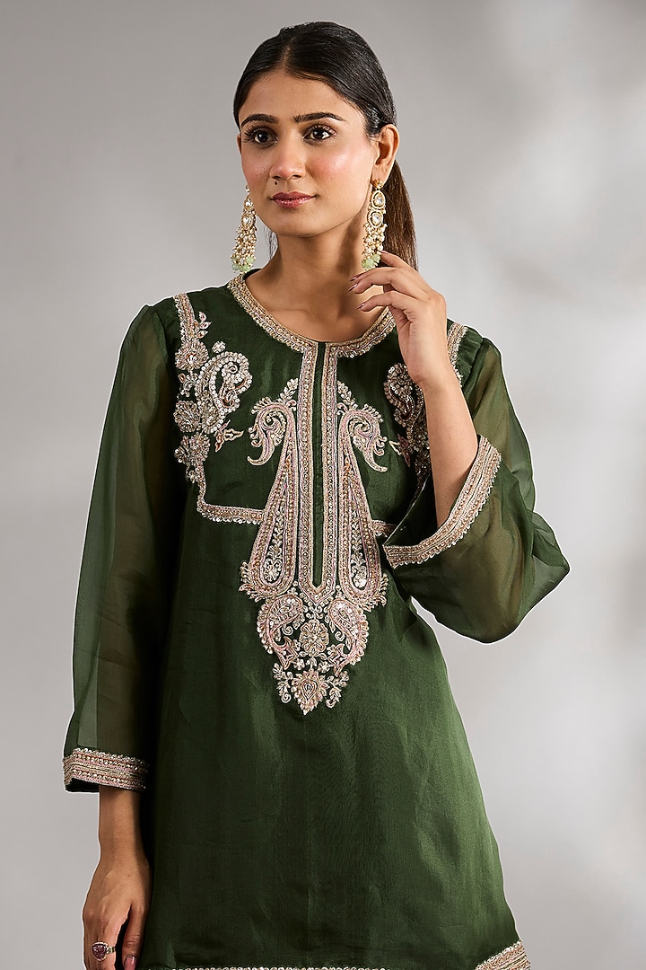 Military Green Organza Bridal Sharara Set by Ridhi Mehra at Pernia's Pop Up Shop