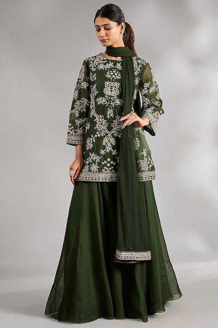 Military Green Organza Bridal Sharara Set by Ridhi Mehra at Pernia's Pop Up Shop