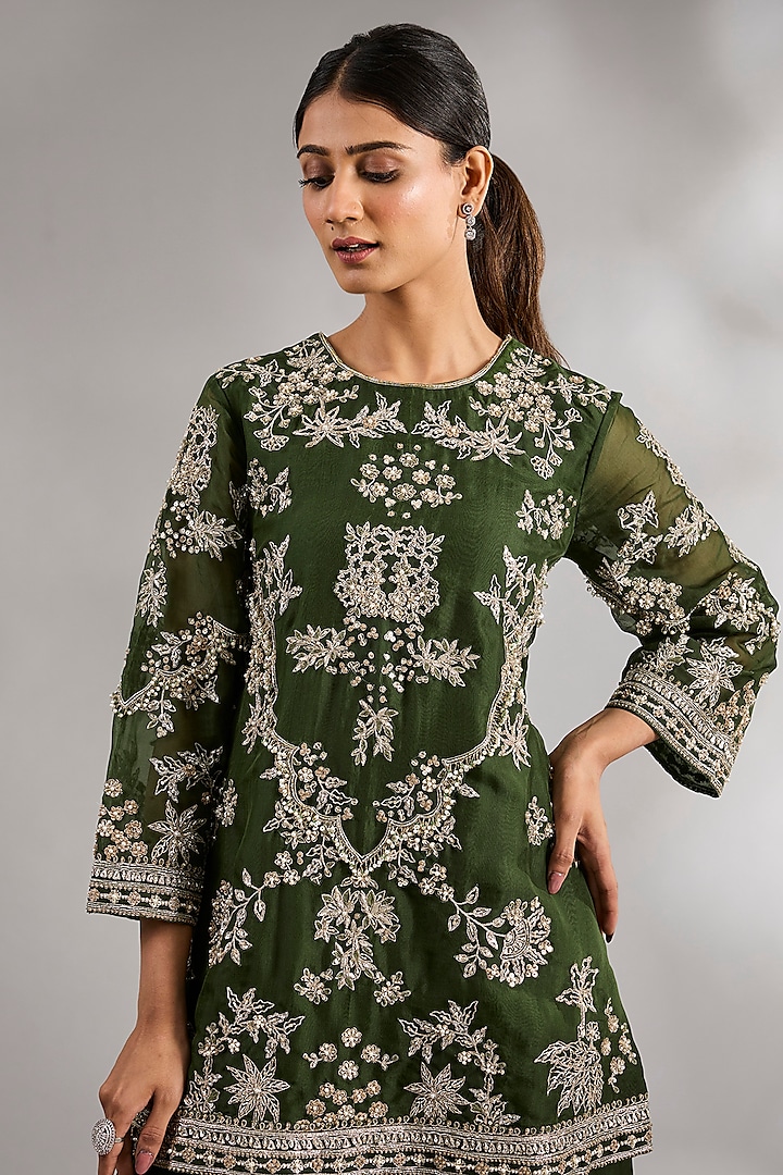 Military Green Organza Bridal Sharara Set by Ridhi Mehra at Pernia's Pop Up Shop