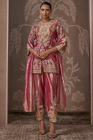 Fuchsia & Orange Tissue Embroidered Kurta Set by Ridhi Mehra