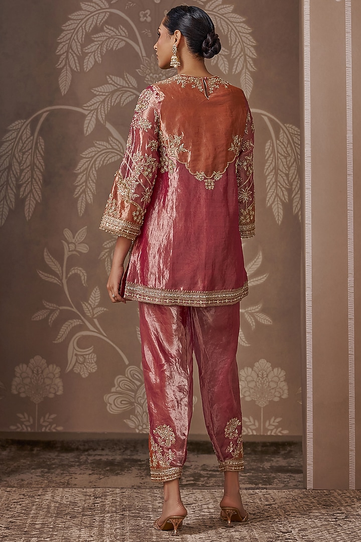 Fuchsia & Orange Tissue Embroidered Kurta Set by Ridhi Mehra at Pernia's Pop Up Shop