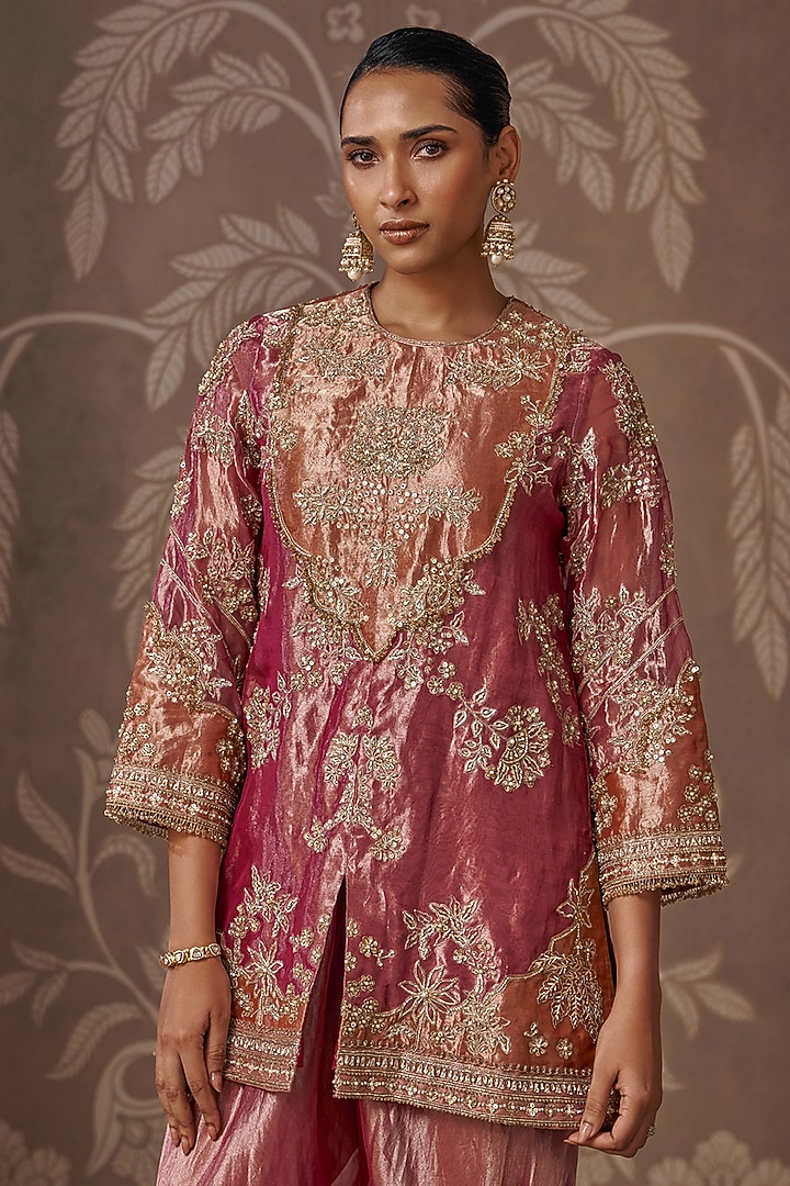 Fuchsia & Orange Tissue Embroidered Kurta Set by Ridhi Mehra at Pernia's Pop Up Shop