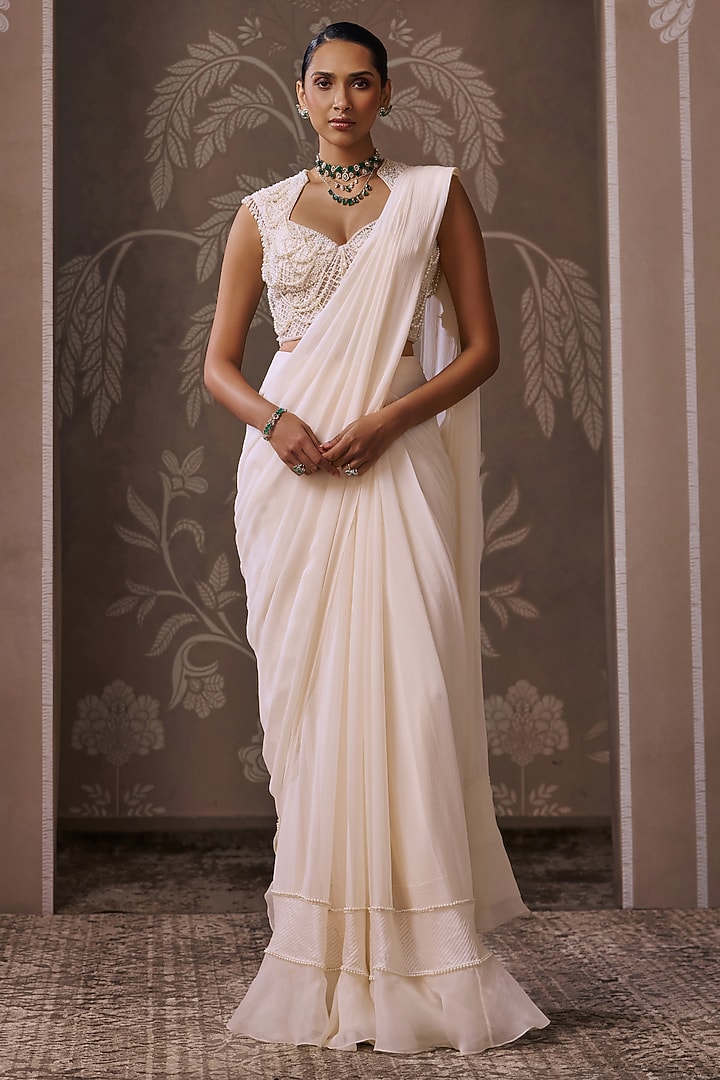 Ivory Chiffon & Organza Pearl Embroidered Pre-Draped Reception Saree Set by Ridhi Mehra at Pernia's Pop Up Shop