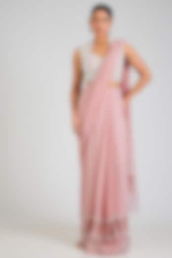 Dusky Pink Chiffon & Organza Embroidered Pre-Draped Reception Saree Set by Ridhi Mehra at Pernia's Pop Up Shop