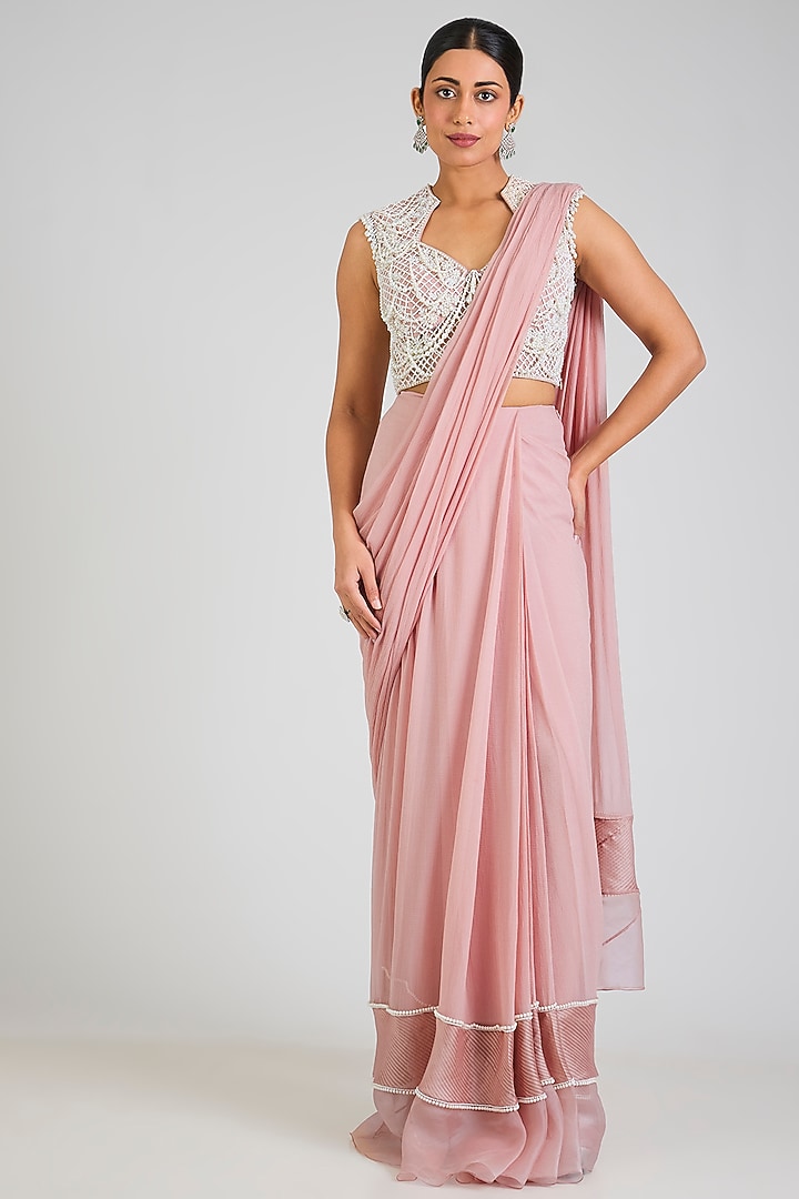 Dusky Pink Chiffon & Organza Embroidered Pre-Draped Reception Saree Set by Ridhi Mehra at Pernia's Pop Up Shop
