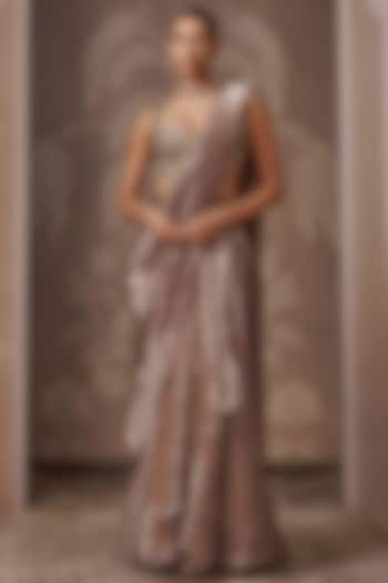 Deep Lilac Tissue Embroidered Draped Reception Saree Set by Ridhi Mehra at Pernia's Pop Up Shop