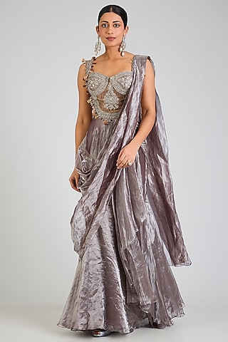 Deep Lilac Tissue Embroidered Draped Saree Set by Ridhi Mehra