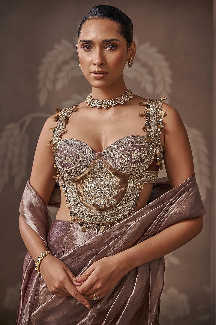 Deep Lilac Tissue Embroidered Draped Reception Saree Set by Ridhi Mehra at Pernia's Pop Up Shop