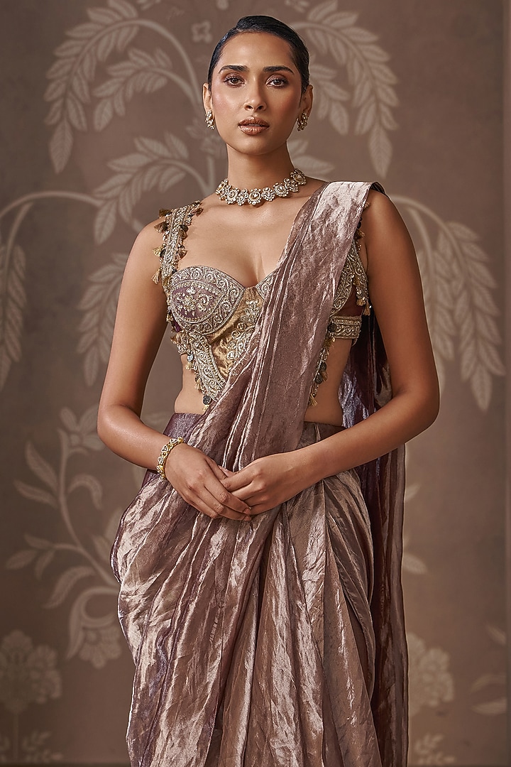 Deep Lilac Tissue Embroidered Draped Reception Saree Set by Ridhi Mehra at Pernia's Pop Up Shop