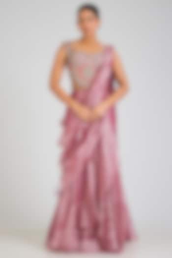 Fuchsia-Orange Tissue Pre-Draped Reception Saree Set by Ridhi Mehra at Pernia's Pop Up Shop