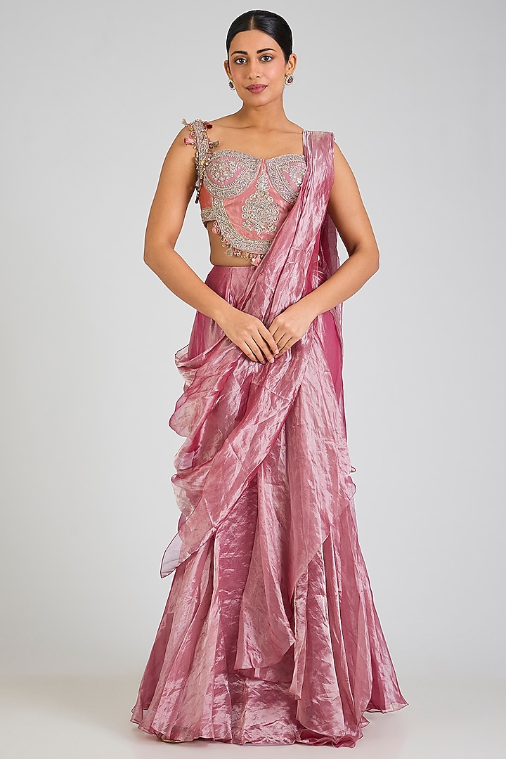 Fuchsia-Orange Tissue Pre-Draped Reception Saree Set by Ridhi Mehra at Pernia's Pop Up Shop